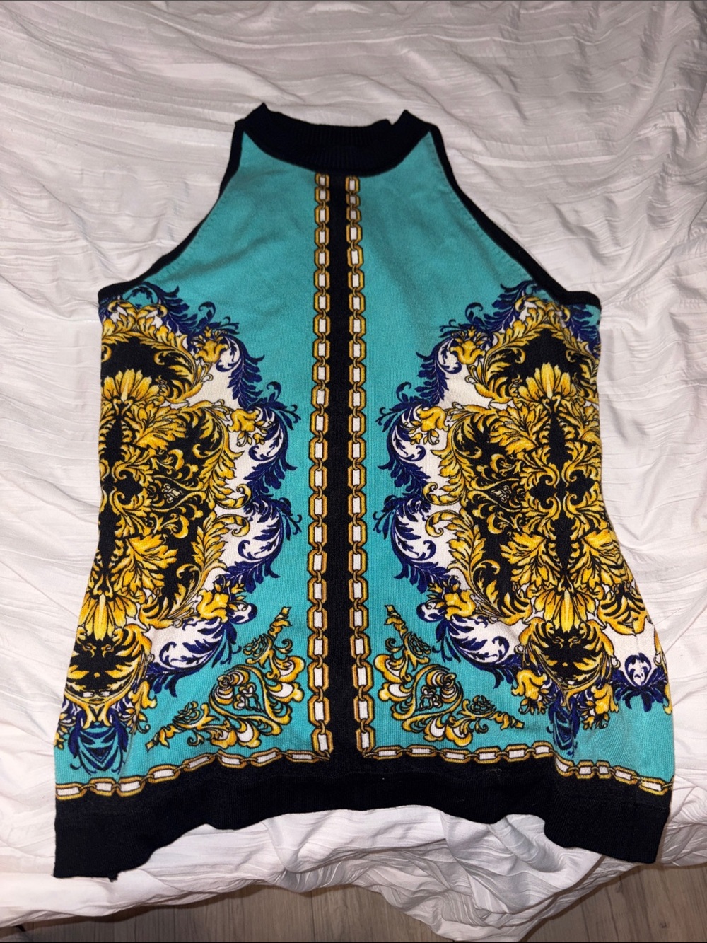 Cache Turquoise, Yellow & Black Baroque Halter Tank